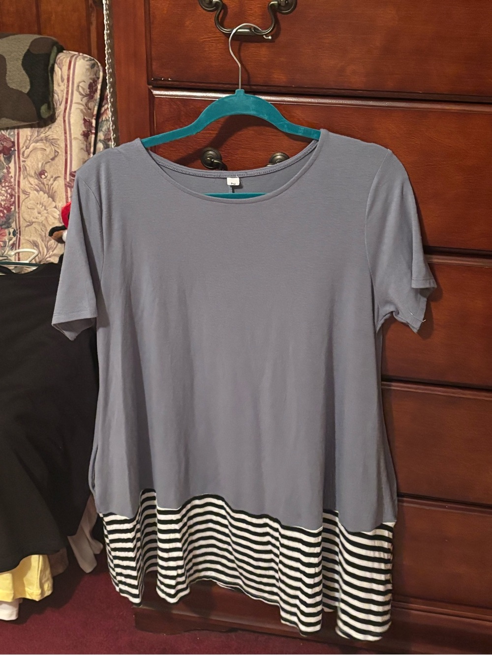 Relaxed Layered Hem Tunic - Dusty Blue with Black & White Stripe